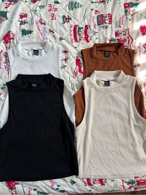 Ribbed Mock Neck Tank Top - White, Black, Cream, Brown